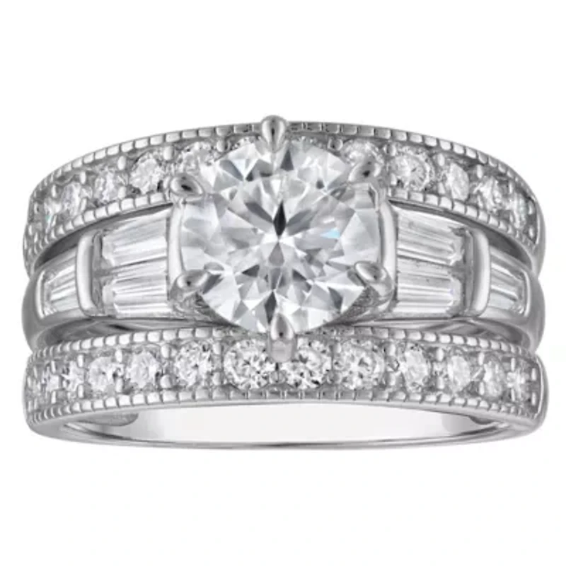 Lab Created Platinum Plated Silver Moissanite Ring Set