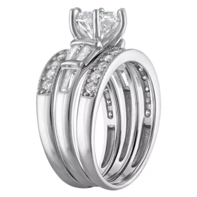 Lab Created Platinum Plated Silver Moissanite Ring Set