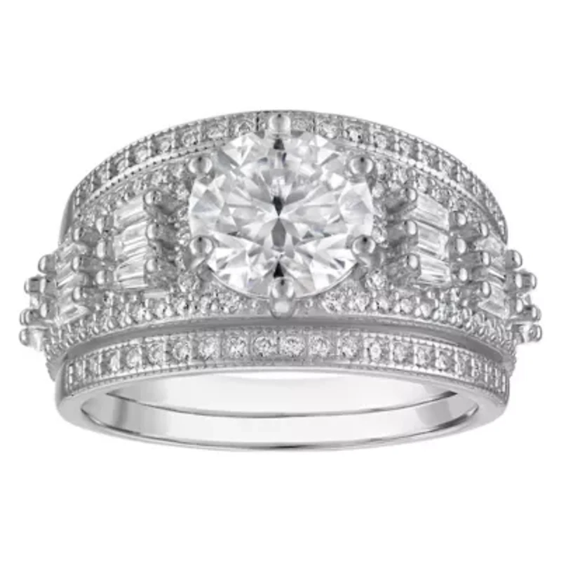 Lab Created Platinum Plated Silver Moissanite Ring Set