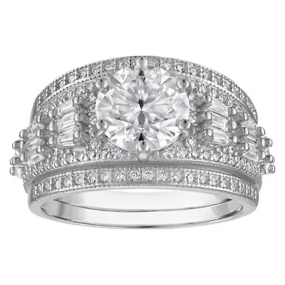 Lab Created Platinum Plated Silver Moissanite Ring Set