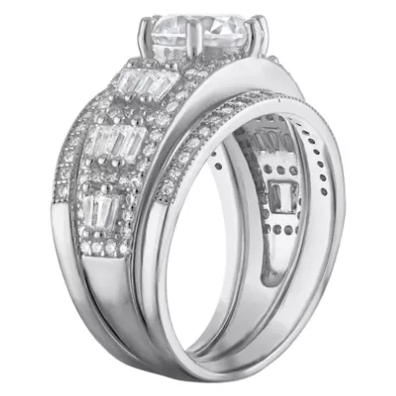 Lab Created Platinum Plated Silver Moissanite Ring Set