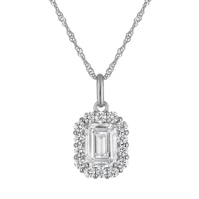 Lab Created 14k White Gold 1.4 cttw Lab-Grown Diamond Emerald Halo Pendant