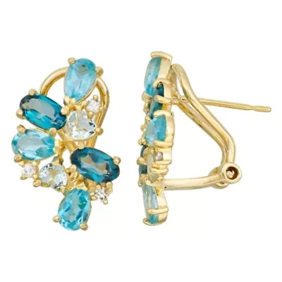 10K Gold Multi Blue Topaz, Aquamarine And Diamond Earrings