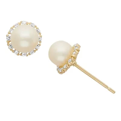 14K Gold Freshwater Pearl And Cz Earrings