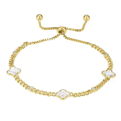 Sterling Silver Genuine Mother Of Pearl And White Cz Clover Adjustable Bracelet