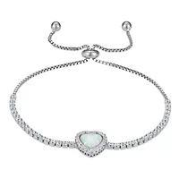 Lab Created Sterling Silver Created Opal And White Cz Heart Adjustable Bracelet