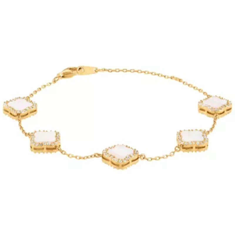 Sterling Silver Genuine Mother Of Pearl And White Cz Clover Bracelet