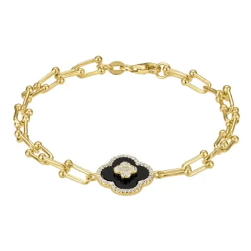 Sterling Silver Black Onyx And White Cz Clover U Link Bracelet