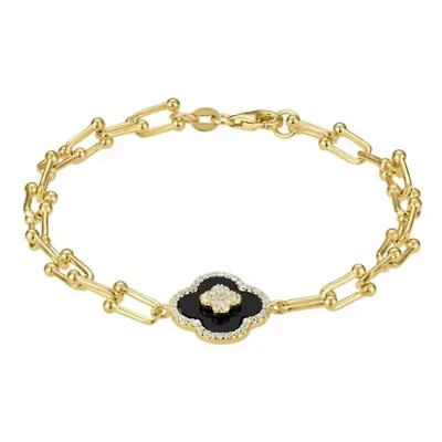 Sterling Silver Black Onyx And White Cz Clover U Link Bracelet