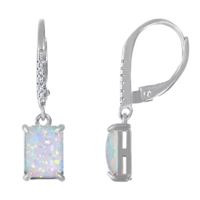 Lab Created Sterling Silver Created White Opal And Cz Emaeral Cut Leverback Earring