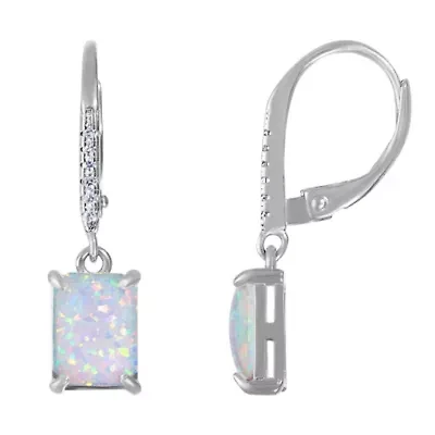 Lab Created Sterling Silver Created White Opal And Cz Emaeral Cut Leverback Earring
