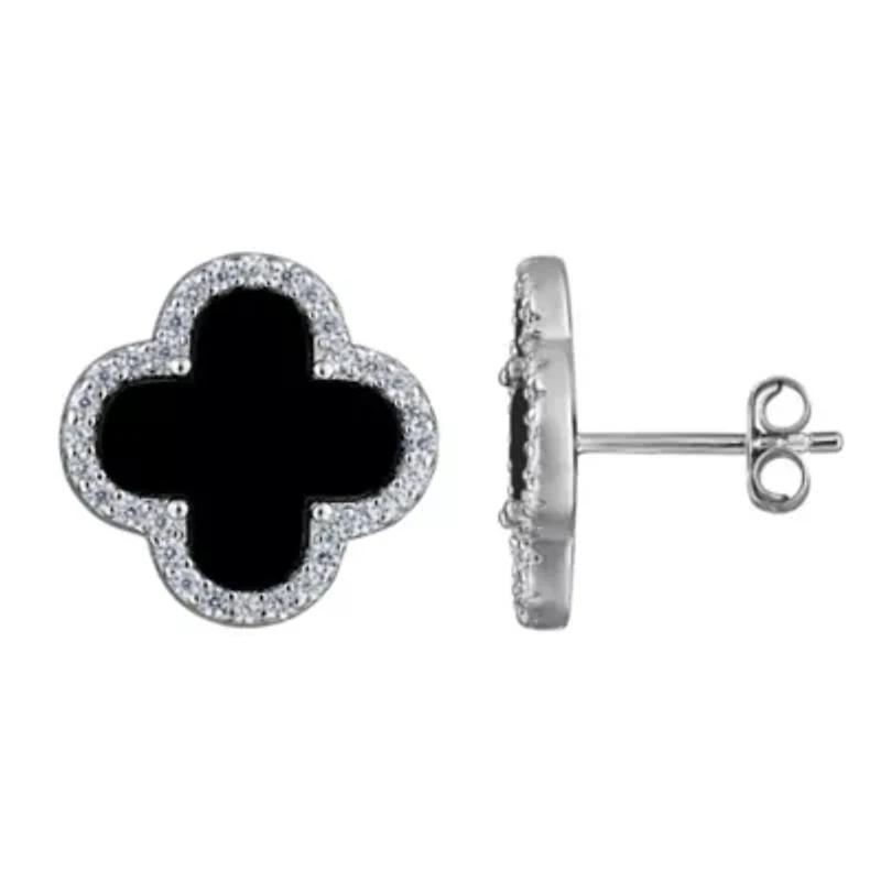 Sterling Silver Black Onyx And White Cz Clover Stud Earring