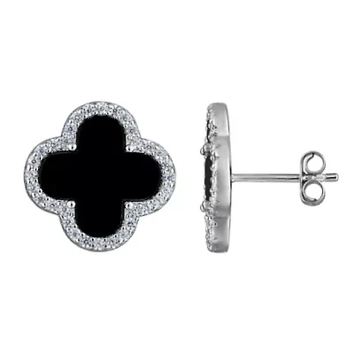 Sterling Silver Black Onyx And White Cz Clover Stud Earring