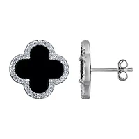 Sterling Silver Black Onyx And White Cz Clover Stud Earring