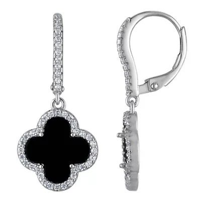 Sterling Silver Black Onyx And White Cz Dangle Clover Earring