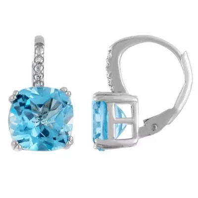 Sterling Silver Sky Blue Topaz And Diamond Cushion Leverback Earring