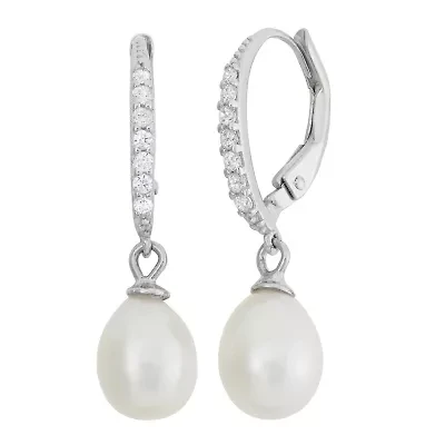 Sterling Silver Freshwater Pearl And Created White Sapphire Leverback