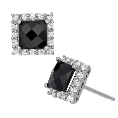 Sterling Silver Black Onyx And White Sapphire Oct Stud Earrings