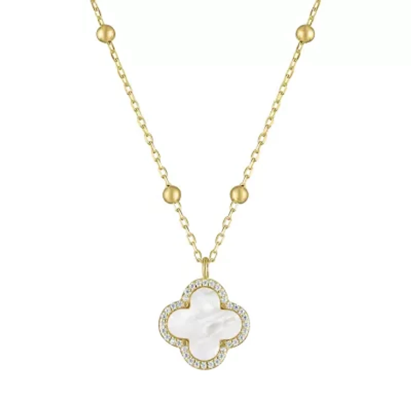 Sterling Silver Mother Of Pearl And White Cz Clover Necklace