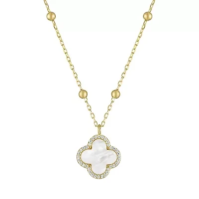 Sterling Silver Mother Of Pearl And White Cz Clover Necklace
