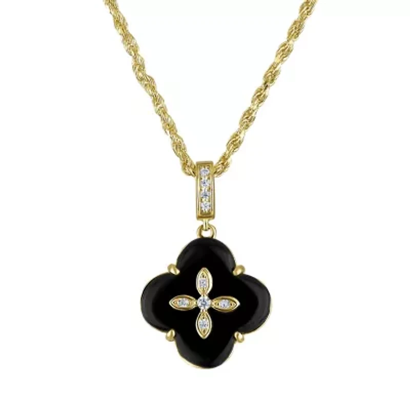 Sterling Silver Black Onyx And White Cz Clover Necklace