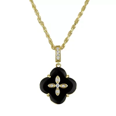 Sterling Silver Black Onyx And White Cz Clover Necklace