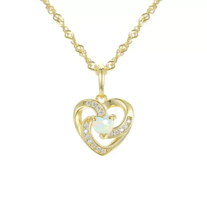 Lab Created Sterling Silver Created White Opal And White Cz Heart Pendant W/Chain