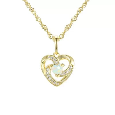 Lab Created Sterling Silver Created White Opal And White Cz Heart Pendant W/Chain