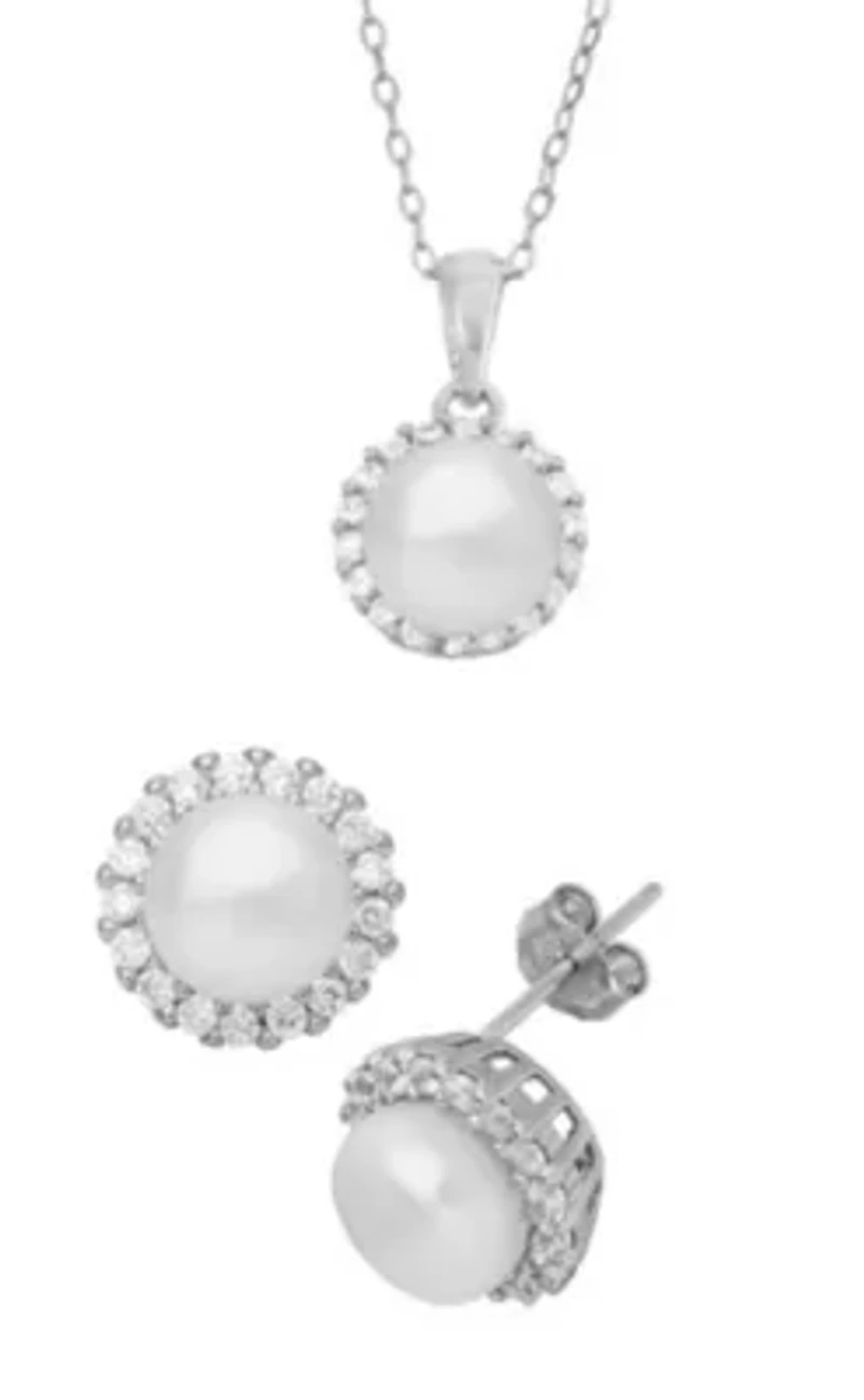 Sterling Silver 8mm Freshwater Pearl And White Cz Stud Earring And Penant Set