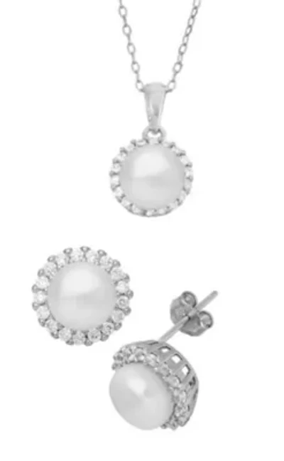 Sterling Silver 8mm Freshwater Pearl And White Cz Stud Earring And Penant Set
