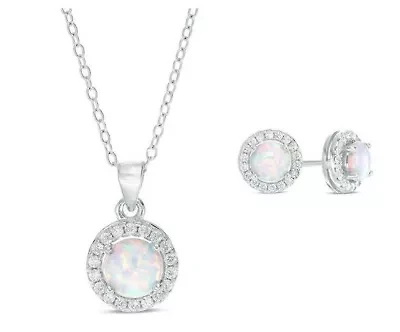 Lab Created Sterling Silver 6mm Created White Opal And Sapphire Pendant And Earring Set
