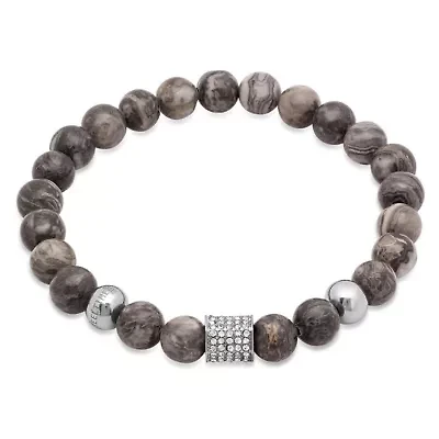 Lab Created Men's diluted gray beaded bracelet with stainless steel and simulated diamond accents