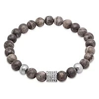 Lab Created Men's diluted gray beaded bracelet with stainless steel and simulated diamond accents
