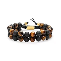 Lab Created Men's tiger eye and black lava beaded drawstring bracelet with 18k gold plated stainless steel accents