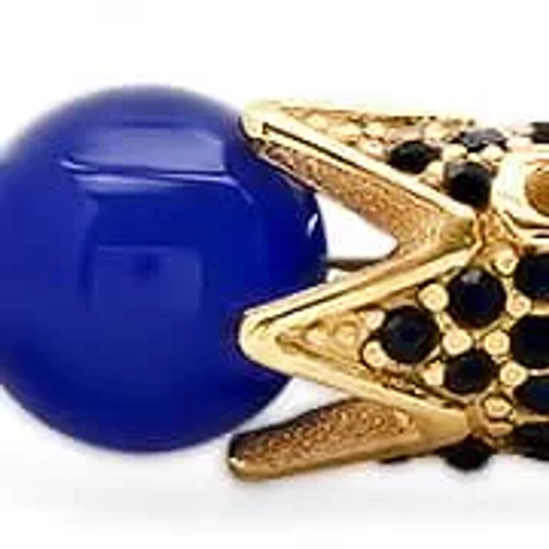 Lab Created Men's blue agate beaded bracelet with 18k gold plated stainless steel and simulated black diamond crown charm