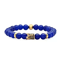 Lab Created Men's blue agate beaded bracelet with 18k gold plated stainless steel and simulated black diamond crown charm