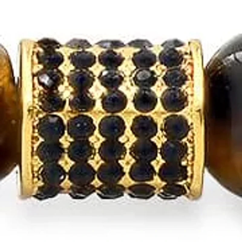 Men's tiger eye, 18k gold plated stainless steel and simulated black diamond beaded bracelet