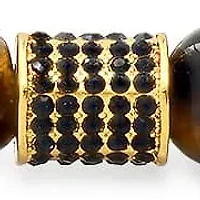 Men's tiger eye, 18k gold plated stainless steel and simulated black diamond beaded bracelet