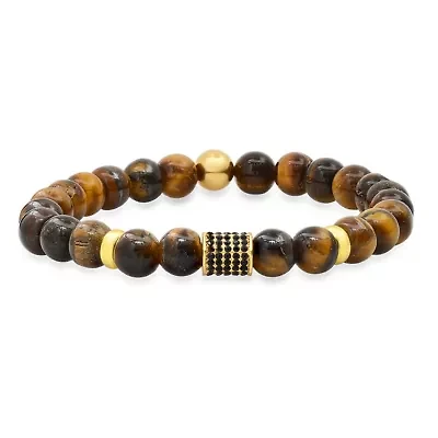 Men's tiger eye, 18k gold plated stainless steel and simulated black diamond beaded bracelet