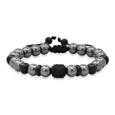 Lab Created Men's black ip stainless steel beads and hematite drawstring bracelet with simulated black diamonds