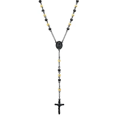 Men's two tone 18k gold plated and black ip stainles steel rosary necklace