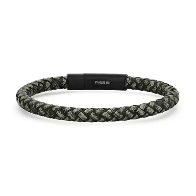 Men's braided black/gray leather and black ip stainless steel clasp bracelet