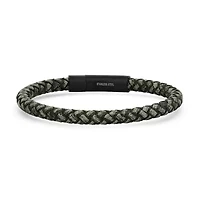 Men's braided black/gray leather and black ip stainless steel clasp bracelet