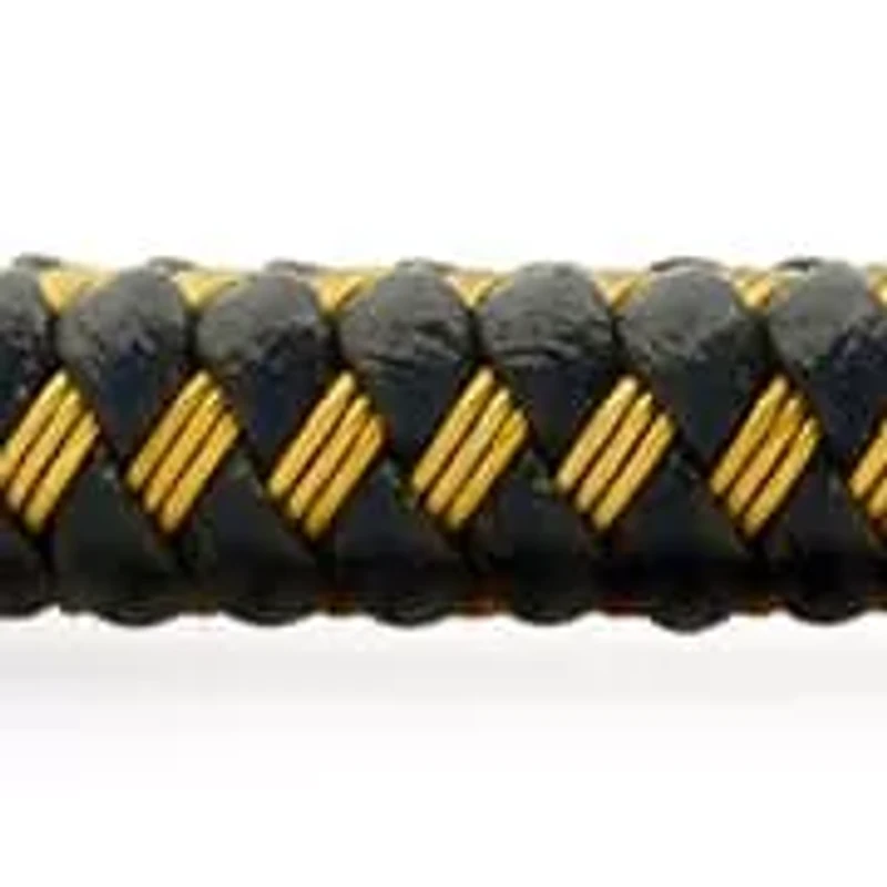 Men's black braided leather and 18k gold plated stainless steel bracelet