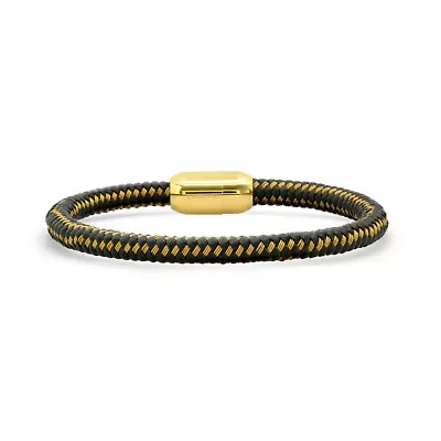 Men's black braided leather and 18k gold plated stainless steel bracelet