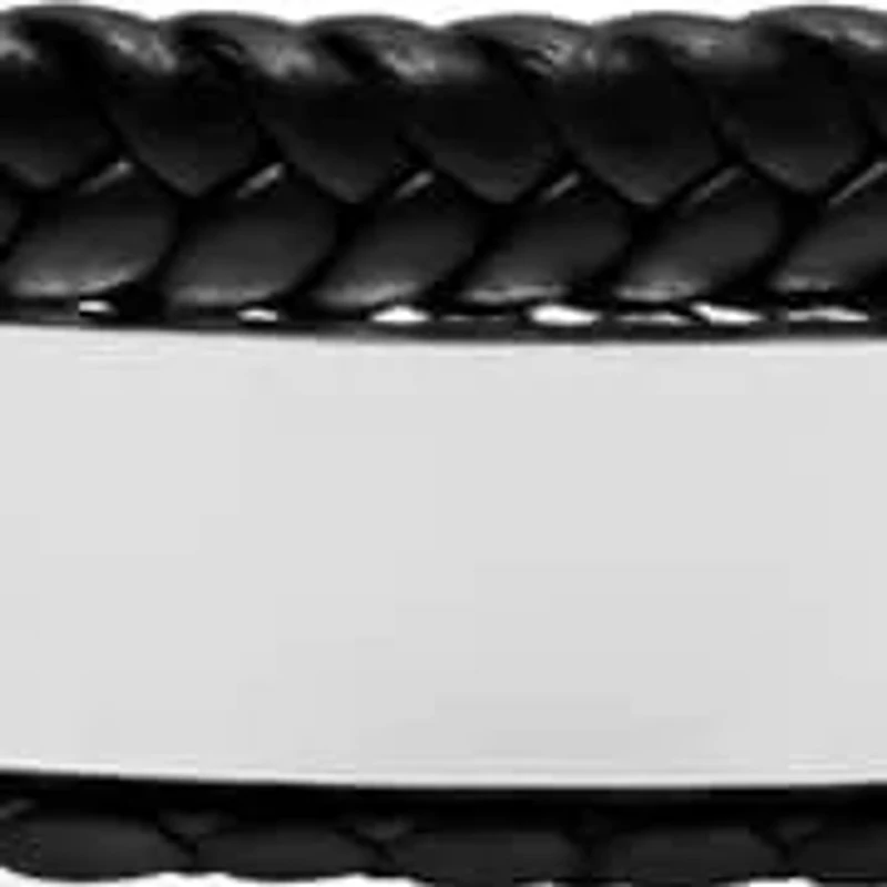 Men's double layered black leather braided bracelet with double layered stainless steel box chains