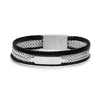 Men's double layered black leather braided bracelet with double layered stainless steel box chains