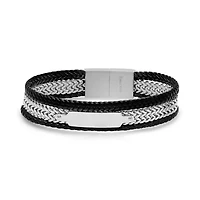 Men's double layered black leather braided bracelet with double layered stainless steel box chains