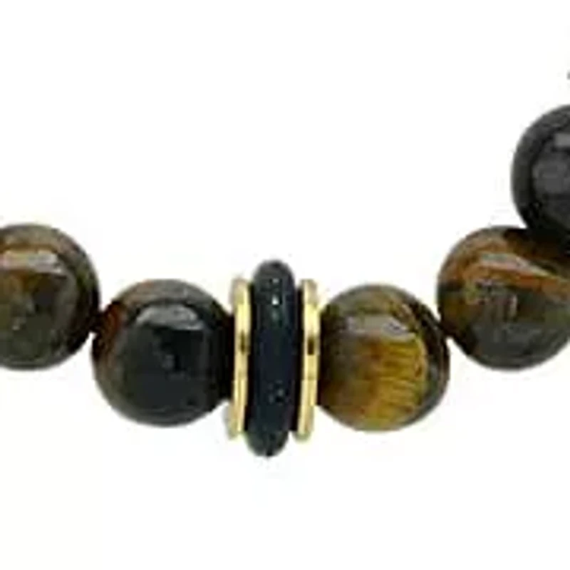 Men's tiger eye, black rubber and 18k gold plated stainless steel box chain necklace