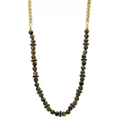 Men's tiger eye, black rubber and 18k gold plated stainless steel box chain necklace